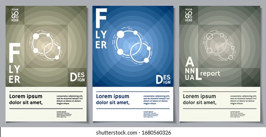 Three flyers templates with radial pattern and abstract atomic structures. Collection of designs what useful for scientific or business annual reports. Eye-catching vector layouts with space for text.