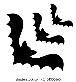 Three flying bat black corner silhouette icon set. Cute cartoon baby character with big open wing. Happy Halloween. Forest animal. Flat design. White background. Isolated. Greeting card. Vector