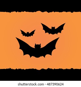Three flying bats over black and orange background vector illustration, flat isolated icon, Halloween