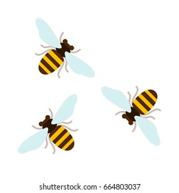 Three flying bees top view vector flat material design isolated on white