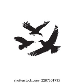 Three flying birds in the sky silhouette vector art.