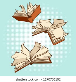 Three flying books. Hand drawn vector comic illustration.