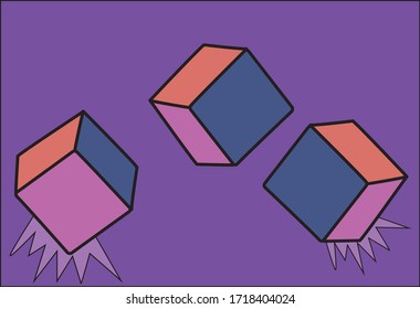 Three flying boxes. Three boxes flying trough space and two of them are hitting surface.