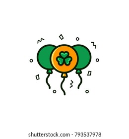 Three flying circle shaped ballons with clover symbol - flat color line icon on isolated background. Simple vector sign for Saint Patrick's Day holiday celebration, birthday party or other event. 