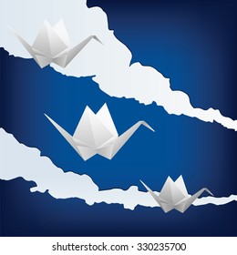 Three flying crane origami in the sky