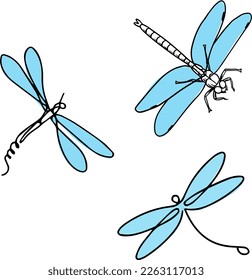 Three flying dragonflies in different styles