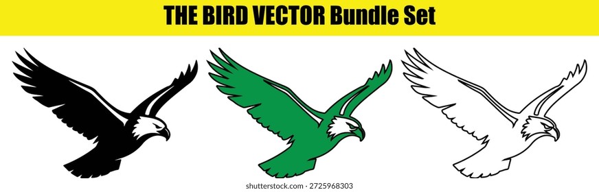 Three flying eagle icons in black green and white on a white background