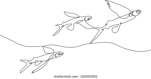 Drei fliegende Fische auf der Meeresoberfläche, die in einer durchgehenden Kunsttechnik hergestellt werden. Minimalistisches Schwarz-Weiß-Bild.