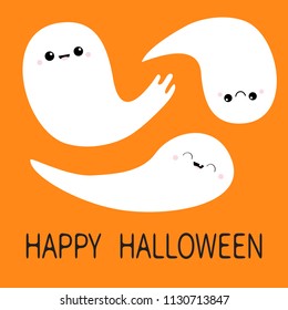 Three flying ghost spirit set. Happy Halloween. Scary white ghosts family. Cute cartoon spooky character. Smiling face cheeks Orange background. Greeting card Isolated Flat design. Vector illustration