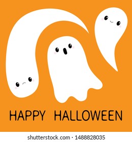 Three flying ghost spirit set. Boo. Happy Halloween. Scary white baby ghosts. Cute cartoon spooky character. Smiling face, hands. Greeting card. Flat design. Orange background. Vector illustration