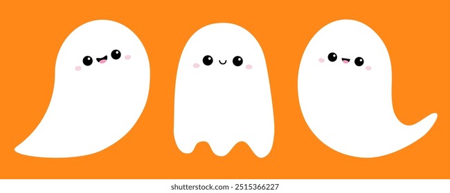 Three flying ghost spirit set. Happy Halloween. Cute cartoon kawaii funny spooky baby character. Scary white ghosts. Boo. Smiling face. Greeting card. Line banner. Orange background Flat design Vector