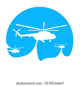 Three Flying helicopter isolated icon vector. Helicopter Blue Line and Fill Vector Icon. Vector silhouette illustration of helicopter air transportation for logo. Aviation logo inspirations.