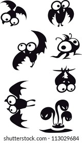 Three flying monsters - webbing wings, long tails and one-eyed faces with smiling jaws. Simple objects on white background.