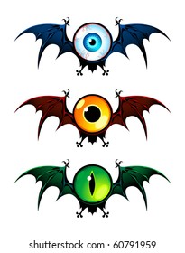 Three flying monsters with wings ? with human's eye, owl's and cat's eyes. Blue, yellow and green colors.