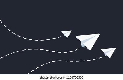 Three flying paper airplanes. Teamwork concept. Vector illustration.