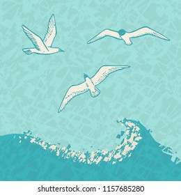 Three flying seagulls over a stylized wave on blue abstract background.