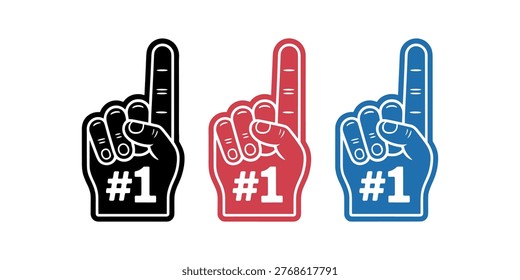 Three foam finger hand props with number one and hashtag symbol in black red and blue  in white background