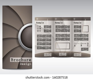 Three fold brochure design with lens motif in brown