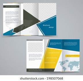 Three fold business brochure template, corporate flyer or cover design in blue and yellow colors