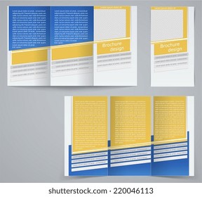 Three fold business brochure template, corporate flyer or cover design in blue and yellow colors
