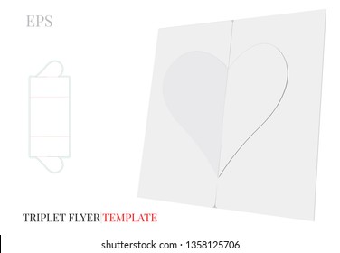 Three Fold Heart Brochure Template, Vector with die cut, laser cut lines. Three Fold Flyer, Wedding Heart Envelope. White, blank, clear, isolated mock up on white background with perspective view