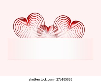 Three folded hearts on paper tab,pink background transition to white