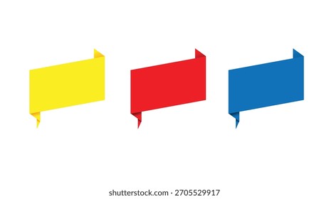 Drei gefaltete Bänder in Primärfarben (Gelb, Rot, Blau) auf weißem Hintergrund. Vektorgrafik-Design-Elemente für Tags, Labels, Verkäufe, Werbeaktionen und Titel.