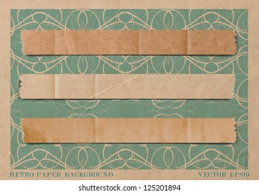 Three folded torn old paper stripes over vintage wallpaper background