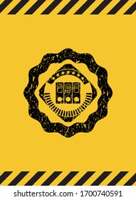 icono de tres carpetas emblema negro, signo de advertencia amarillo. Ilustración vectorial. Detallado.