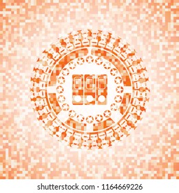 three folders icon inside abstract emblem, orange mosaic background