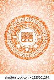 three folders icon inside abstract emblem, orange mosaic background