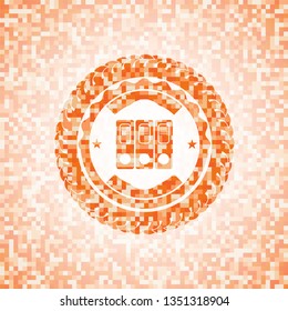 three folders icon inside abstract emblem, orange mosaic background