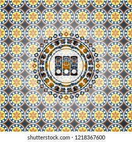 three folders icon inside arabesque badge. arabic decoration.