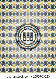 three folders icon inside arabesque badge background. arabic decoration.