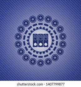 three folders icon inside badge with denim texture