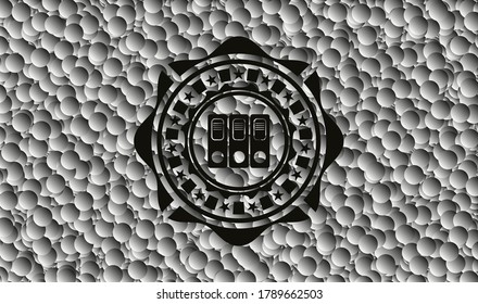 icono de tres carpetas dentro del emblema negro con fondo de burbujas. Ilustración vectorial. Detallado. 