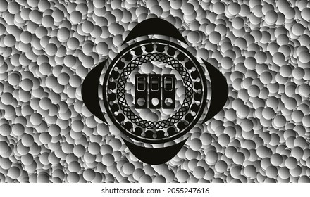 three folders icon inside black emblem with bubbles background. Vintage. Vector Illustration. Detailed. 