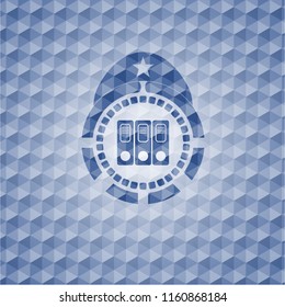 three folders icon inside blue emblem or badge with geometric pattern background.