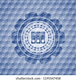 three folders icon inside blue emblem with geometric pattern background.