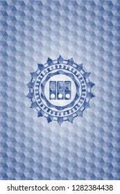 three folders icon inside blue badge with geometric pattern background.