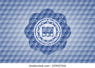 three folders icon inside blue emblem or badge with geometric pattern background.