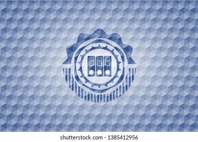 three folders icon inside blue emblem or badge with geometric pattern background.
