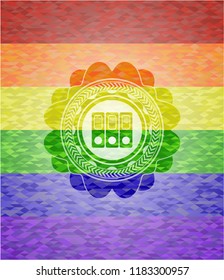 three folders icon inside emblem on mosaic background with the colors of the LGBT flag