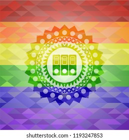 three folders icon inside emblem on mosaic background with the colors of the LGBT flag