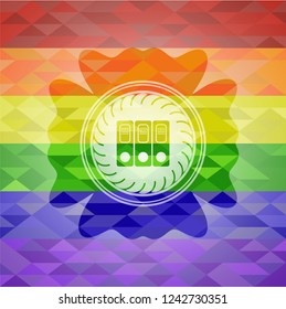 three folders icon inside emblem on mosaic background with the colors of the LGBT flag