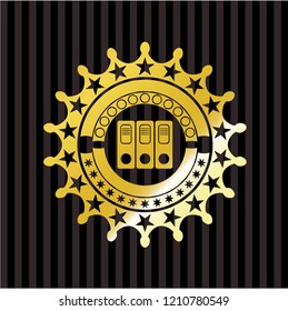 three folders icon inside gold emblem or badge