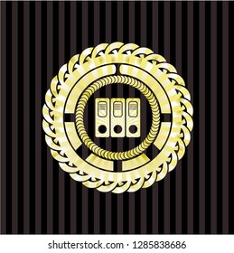 three folders icon inside gold badge or emblem