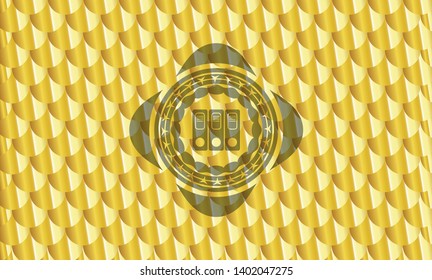 three folders icon inside gold emblem. Scales pattern. Vector Illustration. Detailed.