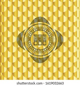 three folders icon inside gold emblem or badge. Scales pattern. Vector Illustration. Detailed.