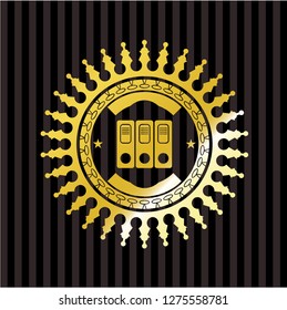 three folders icon inside golden emblem or badge